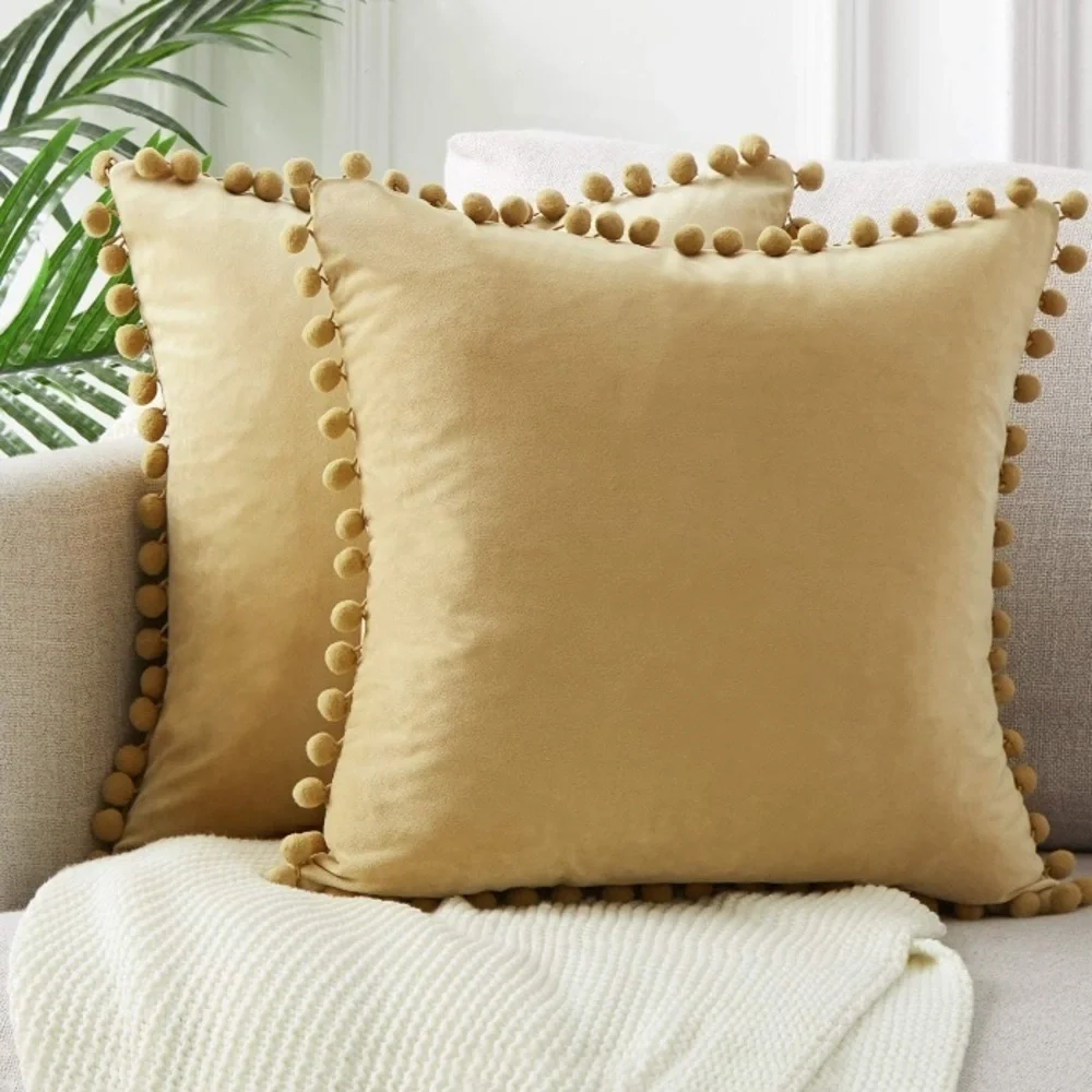 Khaki/Light Tan Modern Trendy Velvet Pompom Decorative Throw Pillow Case TwinSet